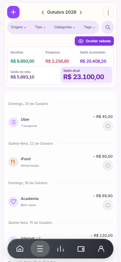 Exemplo ilustrativo dos lançamentos, com receitas, despesas, filtros e identificação de recorrências.